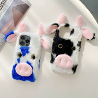 3D วัว Furry Back Cover สำหรับ 14 13 12 11 Pro Max 13 Mini SE 2020 X XR XS 6 6S 7 8 Plus ฤดูหนาว Warm Plush Fluffy เคสศัพท์