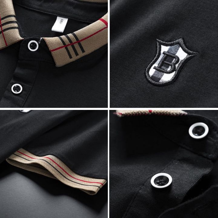 เสื้อโปโล2022ฤดูร้อนแขนสั้นสำหรับผู้ชายผ้าคอตตอนแนวธุรกิจแบบใหม่เสื้อโปโลปักลายสีดำสำหรับผู้ชาย
