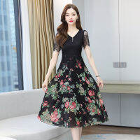 2021 Summer Long Casual High Quality Dress Lace Chiffon Short Sleeve Party Vestidos Floral V-neck M-4XL Black Beach Soft Robe