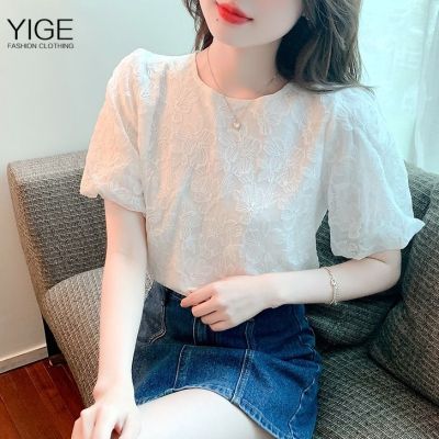 YIGE Flower Embroidery White Beautiful Lace Blouse Women 2023 New Korean Style Design Sense