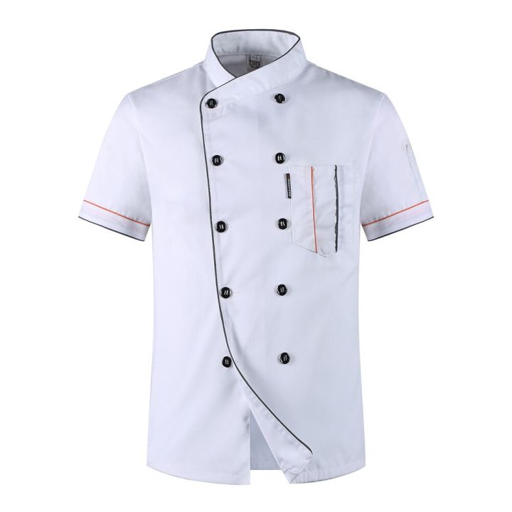 เสื้อเชฟแขนสั้นเสื้อเชฟครัวร้านอาหารมีกระดุมสองแถวบริกรคาเฟ่บริการอาหารผ้ากันเปื้อน