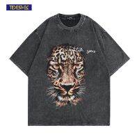 TIDESHEC Washed T-Shirt Men European American Style Oversized Tiger Graphic Printed T-Shirt Retro 2022 Summer Short Sleeve