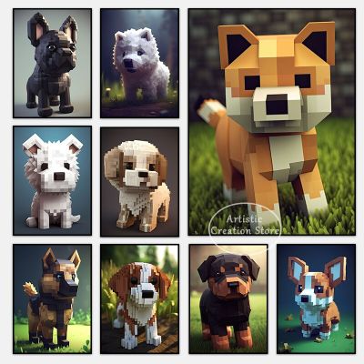 Pixel Dog Poster - Rottweiler, Schnauzer, Corgi, English Bulldog-ภาพประกอบสุนัขน่ารักพิมพ์บนผ้าใบ-ภาพผนังศิลปะสำหรับตกแต่งบ้าน