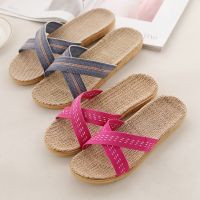 Non-slip Flip Flops Slippers Men Thick Platform Linen Denim Home Wooden Floor Sandals Slippers Beach Sandals Couple Slides