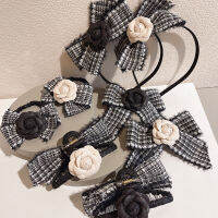 Korean Classic Chanel-Like Houndstooth Bow Headband Womens All-Match Camellia Hairband Back Head Top Clip Hairpin