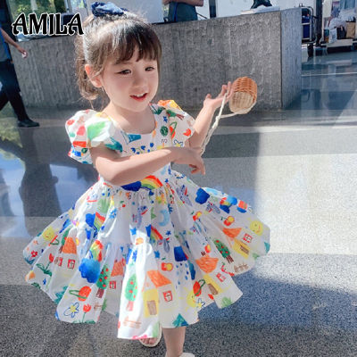 AMILA ชุดเดรสสำหรับเด็กผู้หญิง,ชุดกระโปรงแขนพองสไตล์เกาหลีลายการ์ตูนกราฟฟิตีสำหรับเด็ก