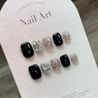 [HANDMADE]Artificial Nail Black Slash Diamond 4-pointed Star Short Style Phototpy Nails Reusable and Removable Nails