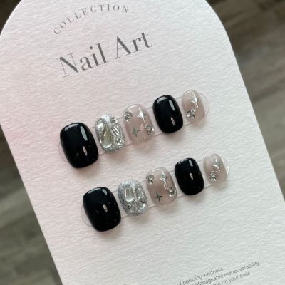 [HANDMADE]Artificial Nail Black Slash Diamond 4-pointed Star Short ...