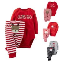 [COD] Boys and girls childrens spring autumn Claus long-sleeved one-piece romper two-piece ins