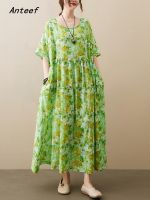 【HOT】✼✾ Anteef short sleeve oversize vintage floral new dresses for women casual loose long summer dress elegant 2023