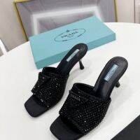 PradaˉMiss 2022 The New Slippers Square Head Black Sheepskin Imported Drill Triangle Grace Sexy