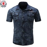 FREDD MARSHALL 2023 New Fashion Men Short Sleeve Button Down Denim Shirt Casual Cool Male Embroidery Pocket Shirt Streetwear 093