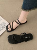 ┇ Slippers womens outerwear 2023 new summer fashion all-match flat simple woven belt sandals Roman beach shoes