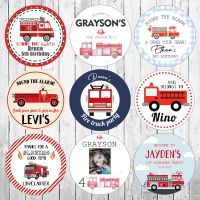 hot！【DT】∈♨  Custom Firefighter Firetruck Boy Birthday Favor Sticker Labels Personalised Themed Baby Shower Stickers