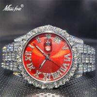 ⌚2023นาฬิกาผู้ชายสีแดง MISSFOX สุดหรูกำไลข้อมือฮิปฮอปแฟนซีนาฬิกาข้อมือสำหรับผู้ชายเต็มรูปเพชรกันน้ำนาฬิกาข้อมือคู่รักกำหนดโลโก้ได้