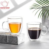 VGLPOP Sloki Kaca พร้อมที่จับพลาสติกฉลุแต่งหน้ากาแฟใสชั้นแขวนแก้วคู่สำหรับอาหารเช้านมน้ำผลไม้อุปกรณ์ดื่มน้ำถ้วยชากระจกฉนวน Sloki Kaca แก้วกาแฟแก้วแบบจม