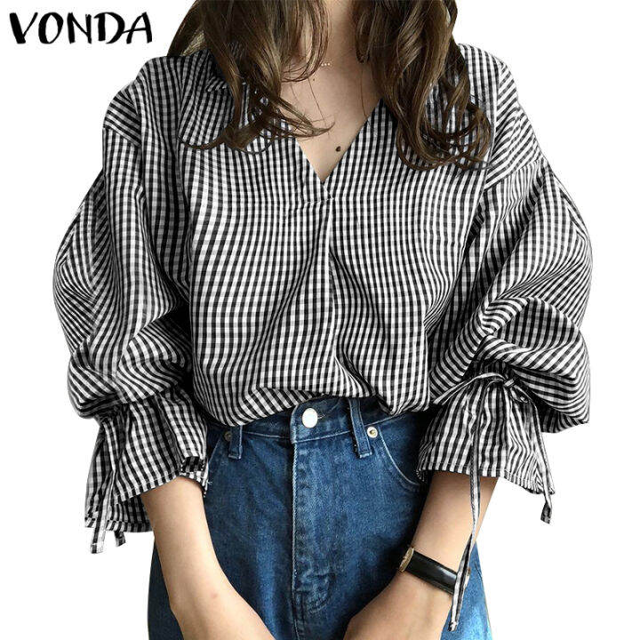 vonda-เสื้อเบลาส์-คอวี-แขนยาว-สไตล์เกาหลี-สําหรับผู้หญิง