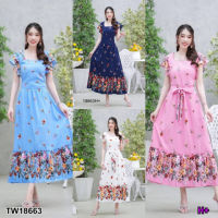 B18663 Maxi dress ลายดอกเชิงทรงคอเหลี่ยม แขนระบาย Square neckline floral maxi dress with ruffled sleeves