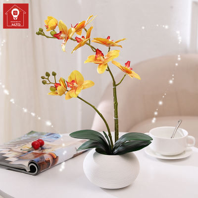 MZD【Flower Set + Tabletop Ceramics Vase】Butterfly Orchid Flower Art Set Decoration Indoor Small Potted Decoration Fake Flower Decoration Bonsai Holiday Party Decoration