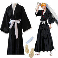 Oriental Japanese Traditional Kimono Samurai BLEACH Kurosaki Ichigo Cosplay Costumes Robe Gown with Straw Sandals Luffy