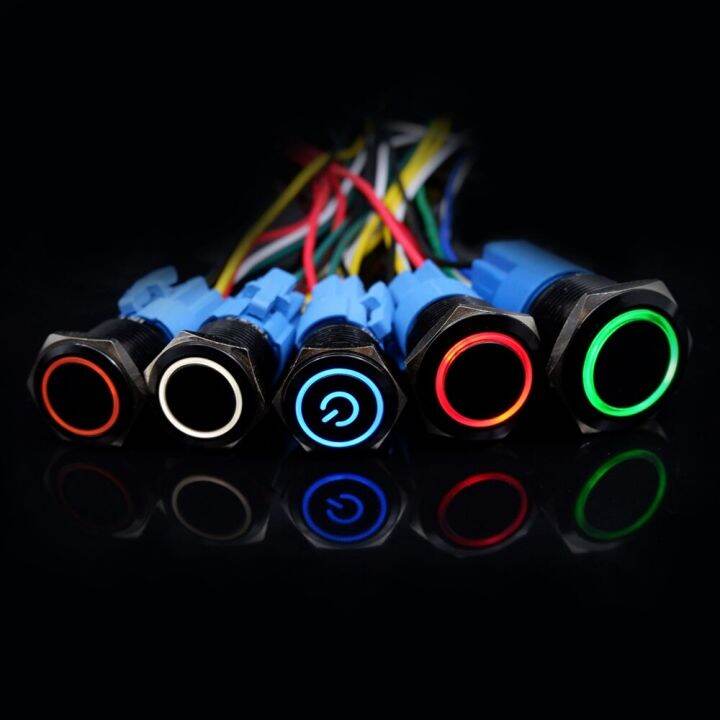 สวิตช์ปุ่มกดสีดำพร้อมไฟ-led-ลวด16-19-22มม-กันน้ำเรืองแสงได้5v-12v-220v-สีแดงสีน้ำเงิน