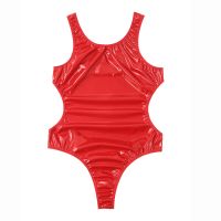 Mens One-Piece Swimsuit Wet Patent Leather Bodysuit Backless U Neck Sleeveless Jumpsuit Pool Swimwear