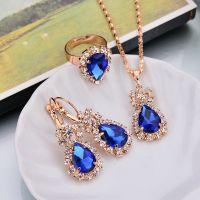 Women 39;s Beautifully Jewelry Set With Shimmering Rhinestones Surrounded By Blue Jewels Design Pendant Necklace/Earrings/Rings