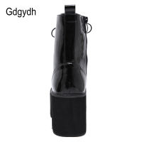 Gdgydh Woman Lace Autumn Boots Womens Ladies Chunky Wedge Platform Black Patent Leather Ankle Boots Punk Goth New Arrival 2021