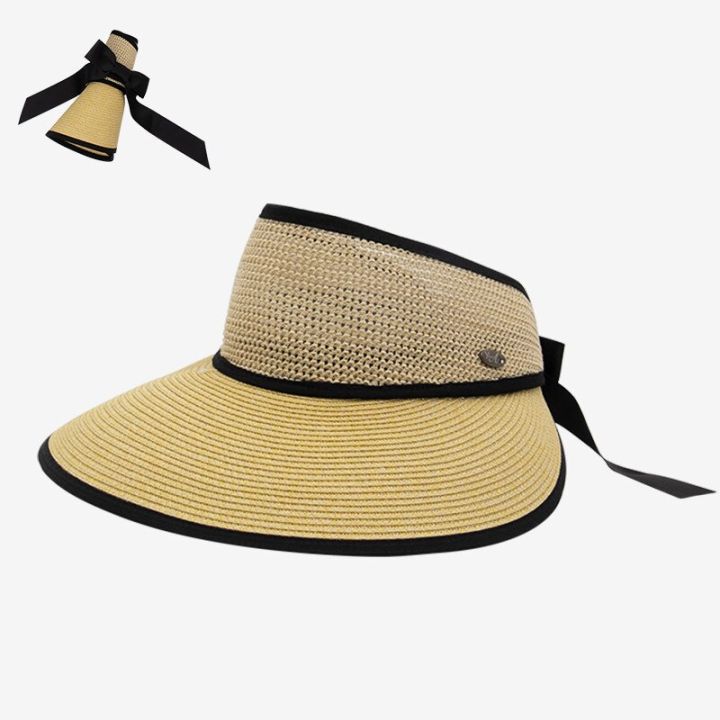 หมวกฟางเสื้อเปิดด้านบนสีริบบิ้นปรับแต่งได้สำหรับผู้หญิงพับได้หมวกชายหาดปีกกว้างกว้างหมวกป้องกันรังสี-uv