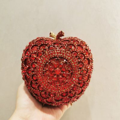 Red Color Apple Shape Rhinestone Cute Clutches Woman Crystal Dinner Party Evening Bag Handbag Wedding Bridal Gala Diamond Purse Cable Management