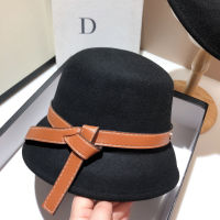 Hepburn Style 100 thick wool lampshade hat Delicate fashion knotted belt asymmetrical tweed top hat