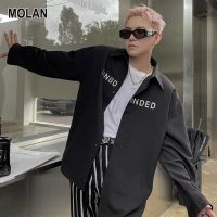 MOLAN เสื้อแขนยาวทำงานเสื้อยืดปักตัวอักษรสีขาวเสื้อเชิ้ตแขนยาวเสื้อเชิ้ตลำลองของผู้ชาย