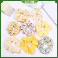 CHUAN ผู้หญิงผู้หญิงผู้หญิง ที่ยึดหางม้า Latticeprint เชือกผม ผูกขน Scrunchies สีเหลือง ชุดคลุมศีรษะเด็กผู้หญิง