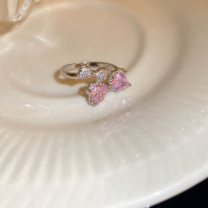 ชุดแหวนคริสตัลสีชมพูผีเสื้อสุดหรูสำหรับผู้หญิงเครื่องประดับของขวัญวันครบรอบ-แหวนเปิดประดับเพชรแบบปรับได้