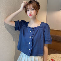 Puff Sleeve Blouse Women Korean Style Fashion Square Neck Top Summer Casual Plain Shirt