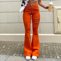 Orange Ripped Flared Jeans Women High Waist Hole Streetwear Denim Trousers Casual Flared Pants Lady Brown Denim Boot Cut Pants