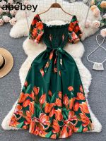 【CW】◐  Fashion Print Squre Neck  A Elastic Sundress 2023 Ladies Ruched Floral Beach