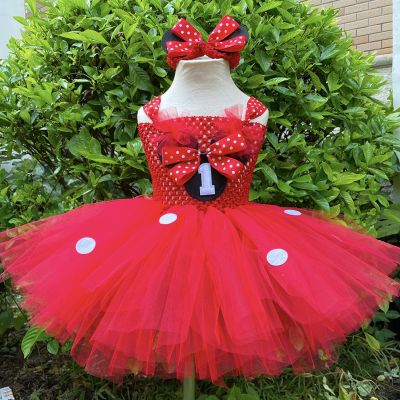 Lovely Baby Red Mickey Cartoon Tutu Dress Girls Crochet Tulle Dress with Dots Bow and Hairband Kids Birthday Party Costume Dress