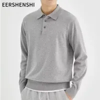 EERSHENSHI สีทึบของผู้ชายแขนยาวถักเสื้อโปโลเสื้อโปโล Lapel หลวมสไตล์วินเทจเสื้อโปโล