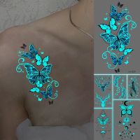 Luminous Stickers Neck Tattoos Temporary Glitter Tattoo For Adults Kids Butterfly Flower Sexy Shoulder Body Tato Blue Glow Y2k