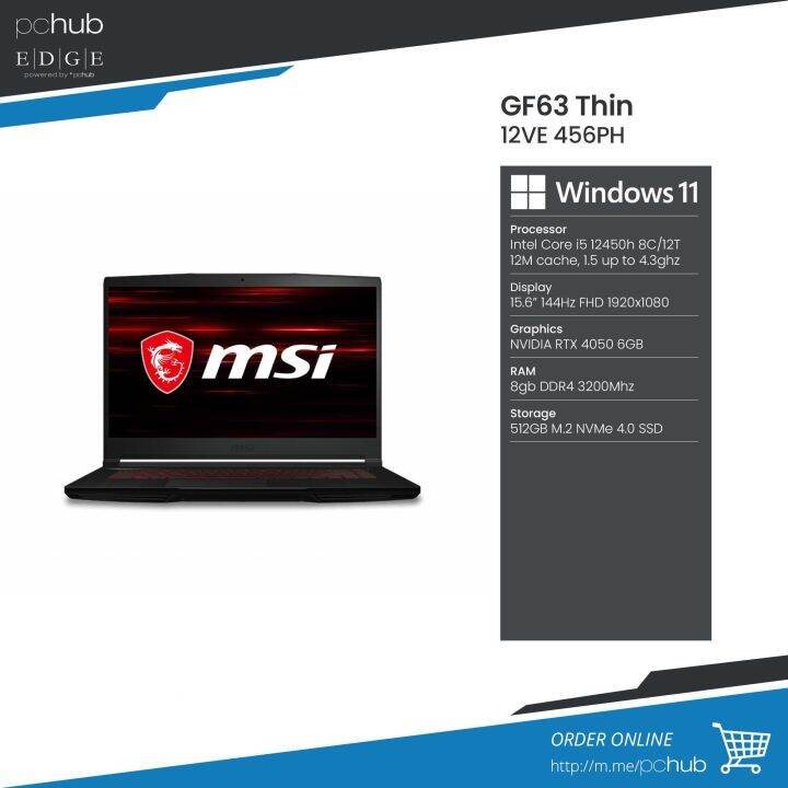 Msi Gf63 Thin 12ve 456ph Black I5 12450h Rtx 4050 8gb 512gb Ssd 156 144hz W11 Lazada Ph 9141