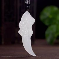 Natural White Jade Wolf Tooth Pendant Necklace Charm Jewellery Fashion Accessories Hand-Carved Man Luck Amulet Sweater Chain