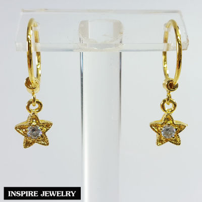Inspire Jewelry ,ต่างหูห่วงรูปดาว ฝังเพชรสวิส หุ้มทองแท้100% 24K  พร้อมกล่องทอง