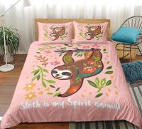 【hot】☈ Sloth Set Size sloth Duvet Cover for Pink Cartoon Animals Bed green leaf 3-Piece