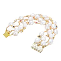 GG Jewelry Natural Pearl 8" 4 Strands Freshwater White Baroque Pearl Multi Color Cz Chain Bracelet Women Lady Fashion Jewelry