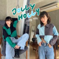 chuuchop_พร้อมส่ง(C7660) ?? JOLLY HOLLY crop tops เสื้อแขนยาวครอปลายตารางสีทูโทน มี2สี