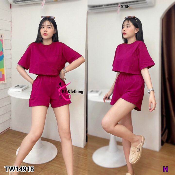 tw14918-set-เสื้อครอปแขนสั้น-กางเกงขาสั้น