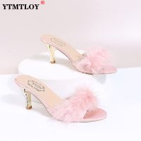 Women Slippers Summer New Fashion Hairy Stiletto Sandals Slippers Women Word Drag Open Toe Wear High Heel Slippers Women