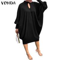 VONDA Women Dress 2021 Summer Spring Long Bat-Sleeve Solid Dresses Femme Elegant Knee-Length Robe Ladies Bohemian Party Vestidos