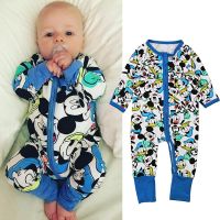 [COD] Childrens European and spring autumn boys long-sleeved cartoon one-piece jumpsuit double zipper romper childrens ins